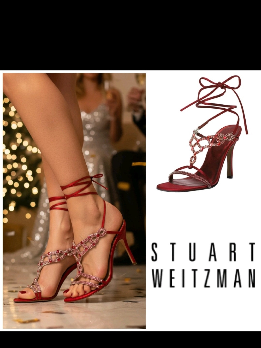 Stuart Weitzman LightShow Ruby Red Rhinestone Satin Lace-Up Sandals 10 US Women